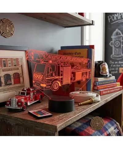 Lampe illusion 3D en verre acrylique gravée au laser représentant un camion de pompier à grande échelle.