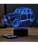 Lampe illusion 3D en verre acrylique gravée au laser représentant une voiture Citroën 2CV.