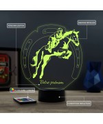 Lampe illusion 3D en verre acrylique gravée au laser représentant un cavalier sur son cheval qui saute.