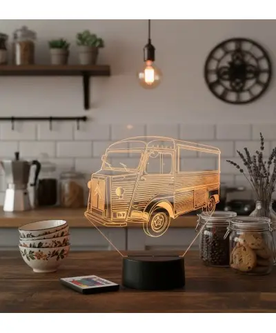 Lampe illusion 3D en verre acrylique gravée au laser représentant un fourgon Citroën type H.