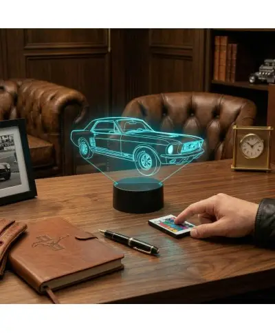 Lampe illusion 3D en verre acrylique gravée au laser représentant une voiture Ford Mustang GT 1967.