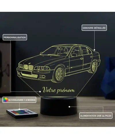 Lampe illusion 3D en verre acrylique gravée au laser représentant une voiture BMW E39.