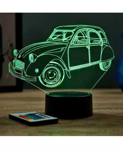 Lampe illusion 3D en verre acrylique gravée au laser représentant une voiture Citroën 2CV.