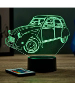 Lampe illusion 3D en verre acrylique gravée au laser représentant une voiture Citroën 2CV.
