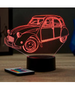 Lampe illusion 3D en verre acrylique gravée au laser représentant une voiture Citroën 2CV.