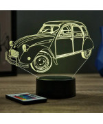 Lampe illusion 3D en verre acrylique gravée au laser représentant une voiture Citroën 2CV.