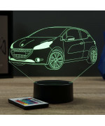 Lampe illusion 3D en verre acrylique gravée au laser représentant une voiture Peugeot 208 GTI.