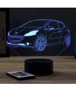 Lampe illusion 3D en verre acrylique gravée au laser représentant une voiture Peugeot 208 GTI.