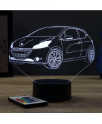 Lampe illusion 3D en verre acrylique gravée au laser représentant une voiture Peugeot 208 GTI.