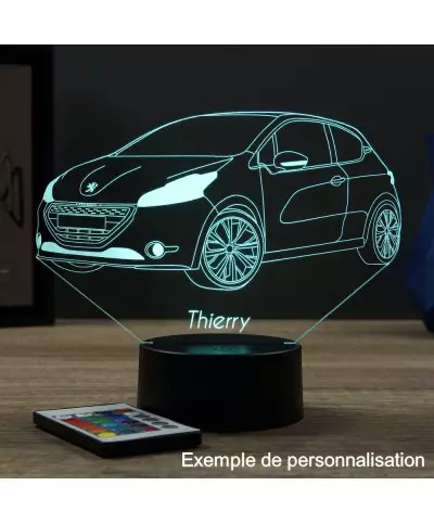 Lampe illusion 3D en verre acrylique gravée au laser représentant une voiture Peugeot 208 GTI.