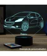 Lampe illusion 3D en verre acrylique gravée au laser représentant une voiture Peugeot 208 GTI.
