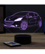Lampe illusion 3D en verre acrylique gravée au laser représentant une voiture Peugeot 208 GTI.