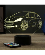 Lampe illusion 3D en verre acrylique gravée au laser représentant une voiture Peugeot 208 GTI.