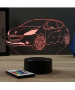Lampe illusion 3D en verre acrylique gravée au laser représentant une voiture Peugeot 208 GTI.
