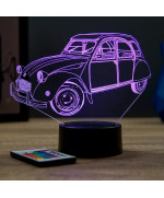Lampe illusion 3D en verre acrylique gravée au laser représentant une voiture Citroën 2CV.