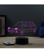 Lampe illusion 3D en verre acrylique gravée au laser représentant une voiture Peugeot 205 GTI.