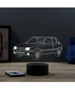 Lampe illusion 3D en verre acrylique gravée au laser représentant une voiture Peugeot 205 GTI.