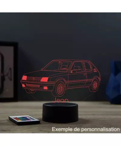 Lampe illusion 3D en verre acrylique gravée au laser représentant une voiture Peugeot 205 GTI.