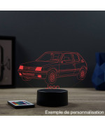 Lampe illusion 3D en verre acrylique gravée au laser représentant une voiture Peugeot 205 GTI.