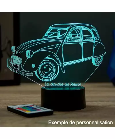 Lampe illusion 3D en verre acrylique gravée au laser représentant une voiture Citroën 2CV.