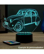 Lampe illusion 3D en verre acrylique gravée au laser représentant une voiture Citroën 2CV.
