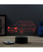 Lampe illusion 3D en verre acrylique gravée au laser représentant une voiture Peugeot 205 GTI.