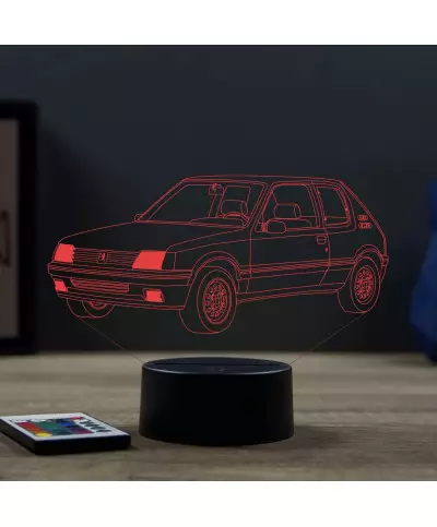 Lampe illusion 3D en verre acrylique gravée au laser représentant une voiture Peugeot 205 GTI.