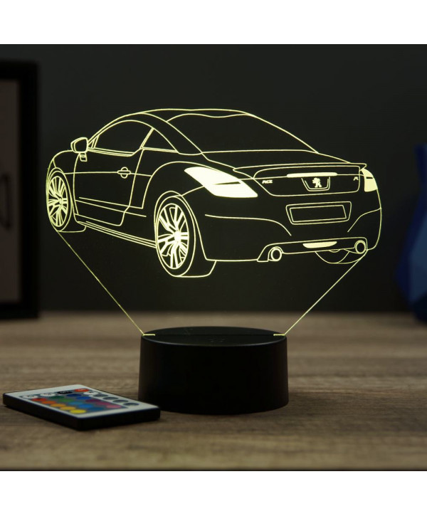 Lampe illusion 3D en verre acrylique gravée au laser représentant une voiture Peugeot RCZ R.