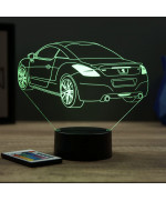 Lampe illusion 3D en verre acrylique gravée au laser représentant une voiture Peugeot RCZ R.