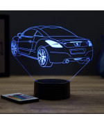 Lampe illusion 3D en verre acrylique gravée au laser représentant une voiture Peugeot RCZ R.