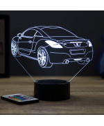 Lampe illusion 3D en verre acrylique gravée au laser représentant une voiture Peugeot RCZ R.