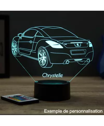 Lampe illusion 3D en verre acrylique gravée au laser représentant une voiture Peugeot RCZ R.