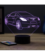 Lampe illusion 3D en verre acrylique gravée au laser représentant une voiture Peugeot RCZ R.
