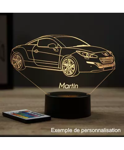 Lampe illusion 3D en verre acrylique gravée au laser représentant une voiture Peugeot RCZ Phase 2.