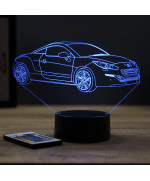 Lampe illusion 3D en verre acrylique gravée au laser représentant une voiture Peugeot RCZ Phase 2.