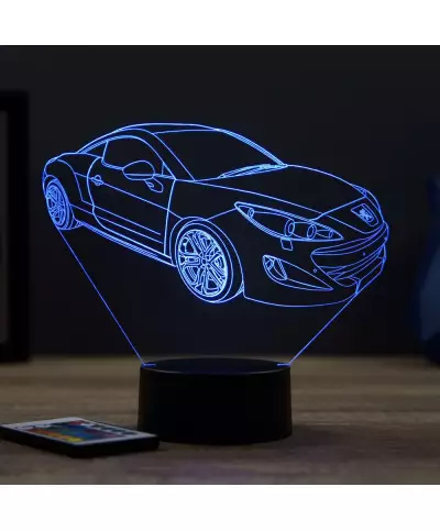 Lampe illusion 3D en verre acrylique gravée au laser représentant une voiture Peugeot RCZ Phase 1.