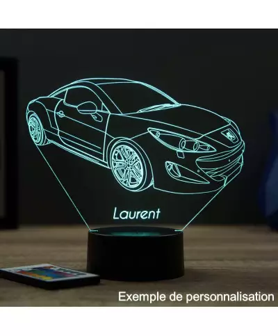 Lampe illusion 3D en verre acrylique gravée au laser représentant une voiture Peugeot RCZ Phase 1.