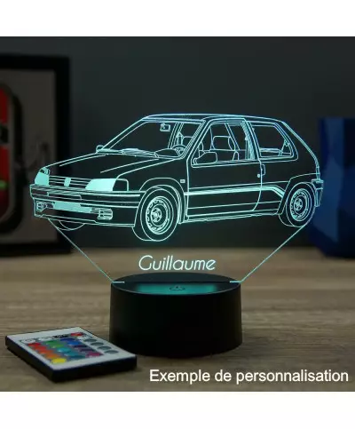 Lampe illusion 3D en verre acrylique gravée au laser représentant une voiture Peugeot 106 Rallye Phase 1.