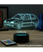 Lampe illusion 3D en verre acrylique gravée au laser représentant une voiture Peugeot 106 Rallye Phase 1.