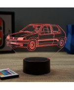 Lampe illusion 3D en verre acrylique gravée au laser représentant une voiture Peugeot 106 Rallye Phase 1.