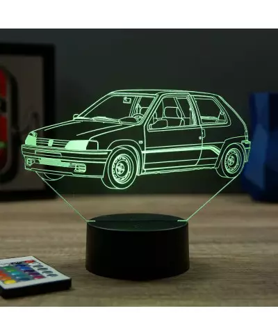 Lampe illusion 3D en verre acrylique gravée au laser représentant une voiture Peugeot 106 Rallye Phase 1.