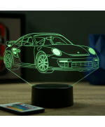 Lampe illusion 3D en verre acrylique gravée au laser représentant une voiture Porsche 911 GT2 RS.