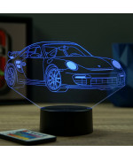 Lampe illusion 3D en verre acrylique gravée au laser représentant une voiture Porsche 911 GT2 RS.
