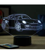 Lampe illusion 3D en verre acrylique gravée au laser représentant une voiture Porsche 911 GT2 RS.