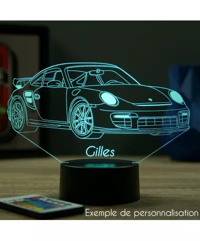 Lampe illusion 3D en verre acrylique gravée au laser représentant une voiture Porsche 911 GT2 RS.
