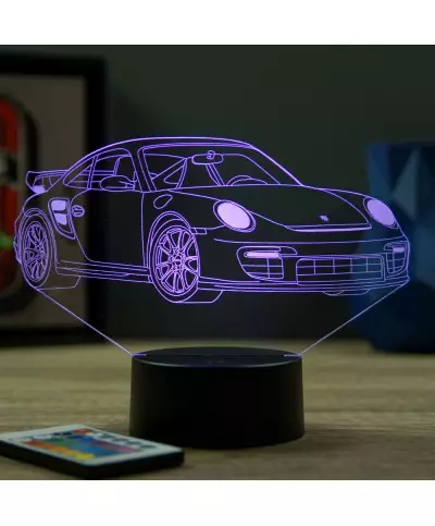Lampe illusion 3D en verre acrylique gravée au laser représentant une voiture Porsche 911 GT2 RS.