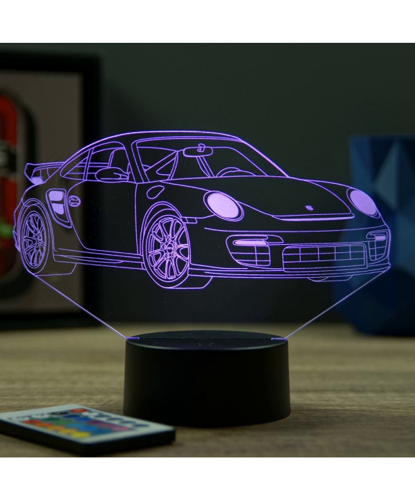 Lampe illusion 3D en verre acrylique gravée au laser représentant une voiture Porsche 911 GT2 RS.