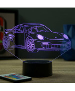 Lampe illusion 3D en verre acrylique gravée au laser représentant une voiture Porsche 911 GT2 RS.
