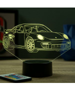 Lampe illusion 3D en verre acrylique gravée au laser représentant une voiture Porsche 911 GT2 RS.