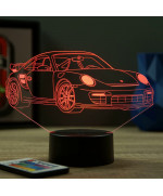 Lampe illusion 3D en verre acrylique gravée au laser représentant une voiture Porsche 911 GT2 RS.